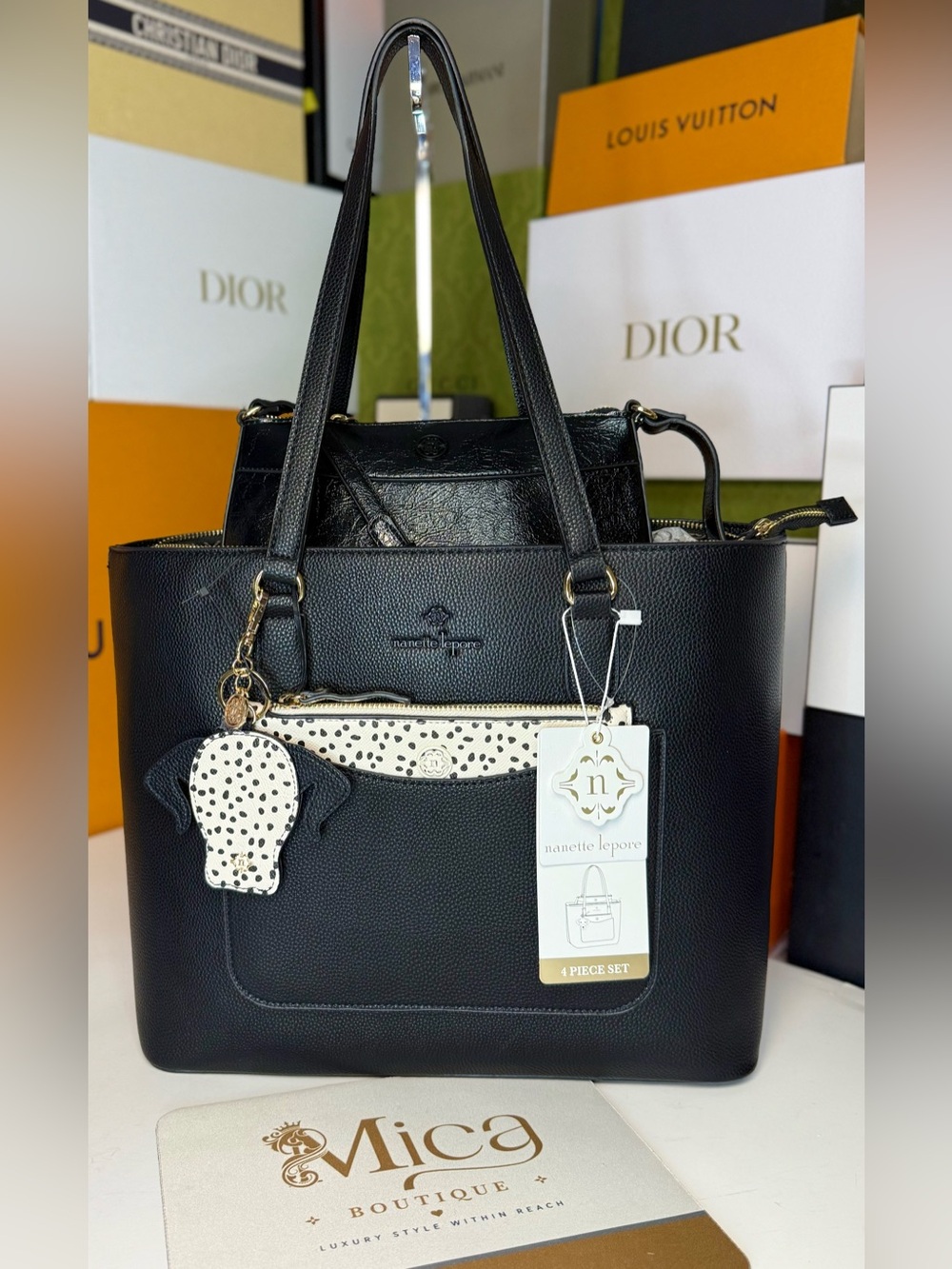 🆕NANETTE Lepore Black Tote with Cream-and-Black Polka Dot Accent ~Set of 4~